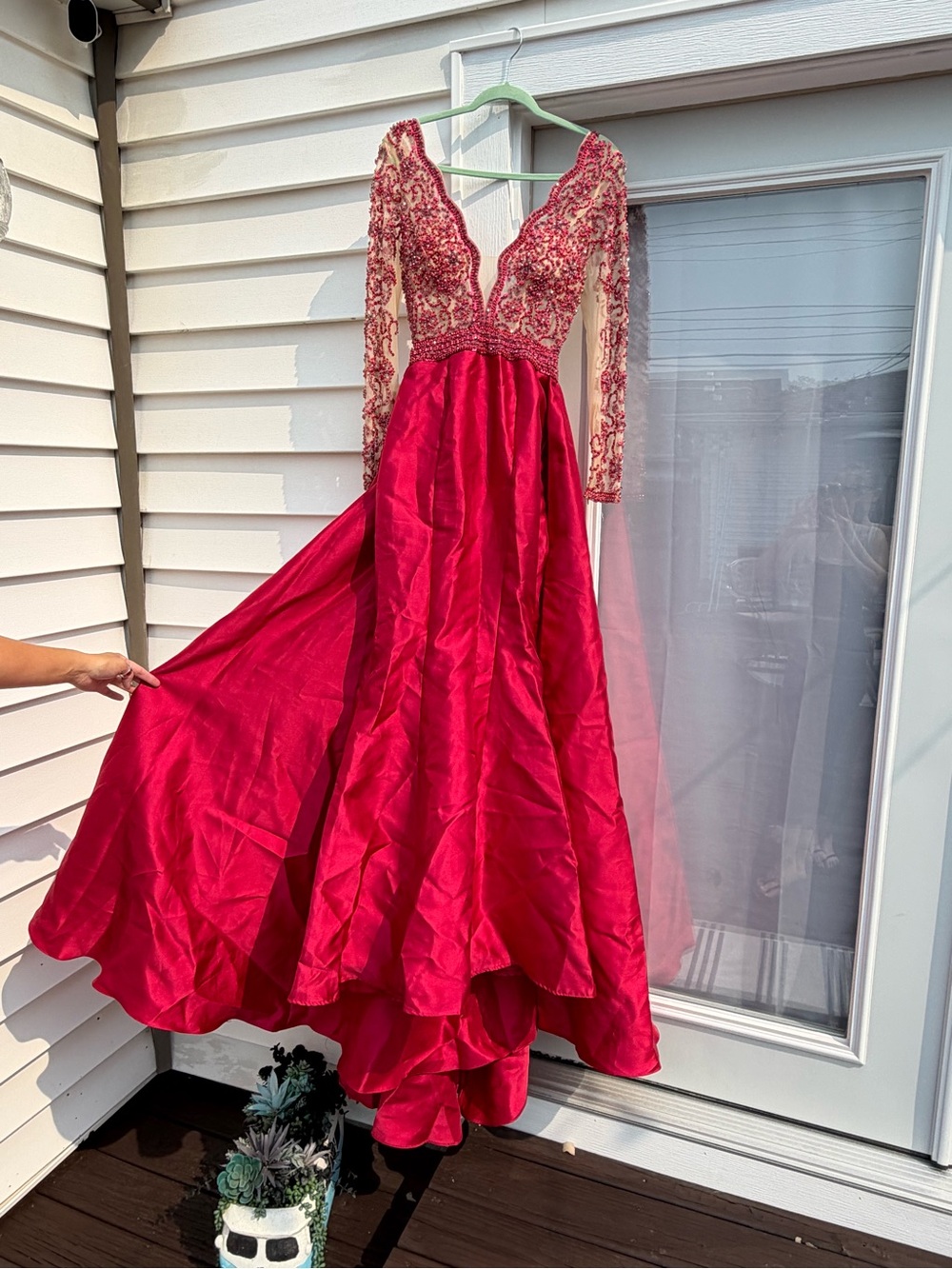 Jovani Fuchsia Beaded Lace Long Sleeve Gown